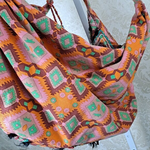 Sondra Roberts Large Orange Shoulder Tote Bag Embroidered Mirrors Coins Tassels - Picture 9 of 15
